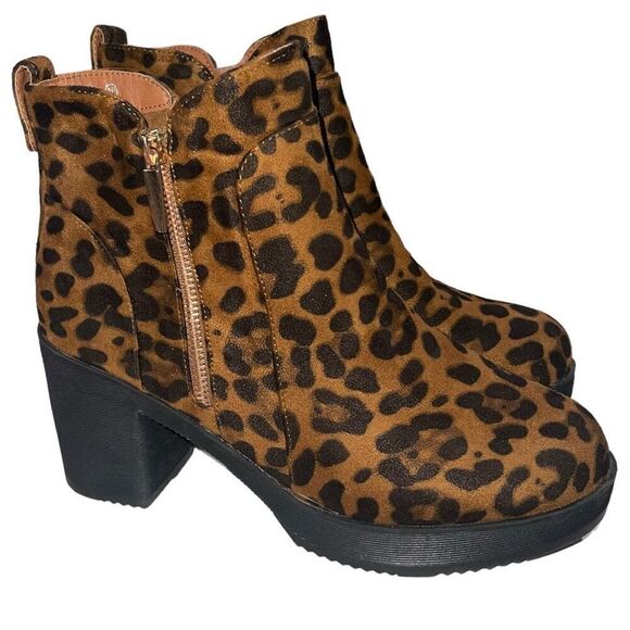 Nature‎ Breeze Chunky Brown & Black Animal Print Booties - Size 10 - Picture 1 of 9